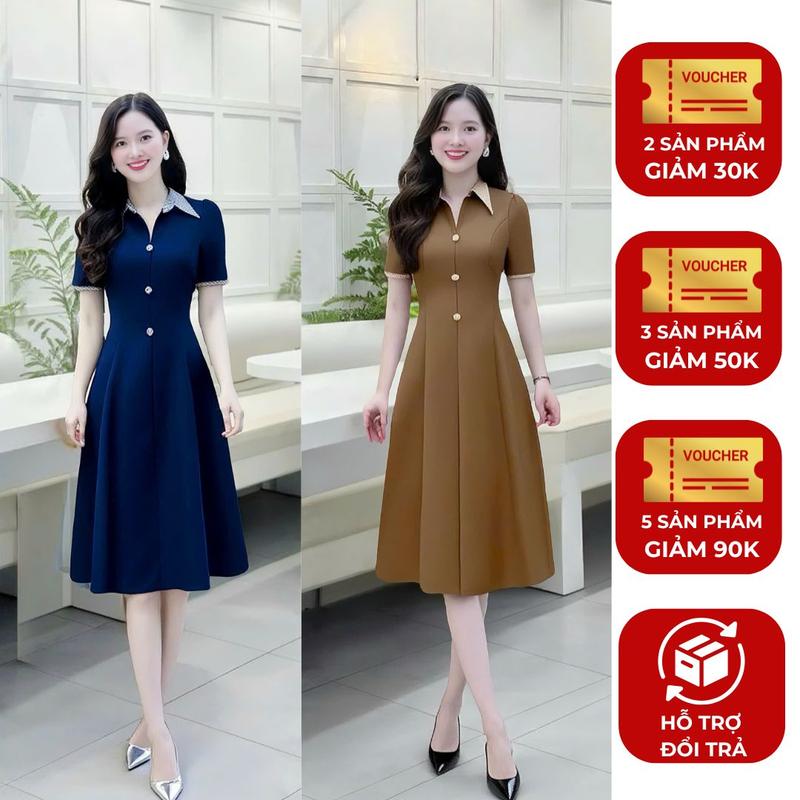 Đầm váy nữ thiết kế đẹp Nhật Vy phối cổ sơ mi đính nút bọc form dáng xòe chất lụa công sở văn phòng dự tiệc quà tặng vợ mẹ màu nâu xanh đen xanh rêu - D3500