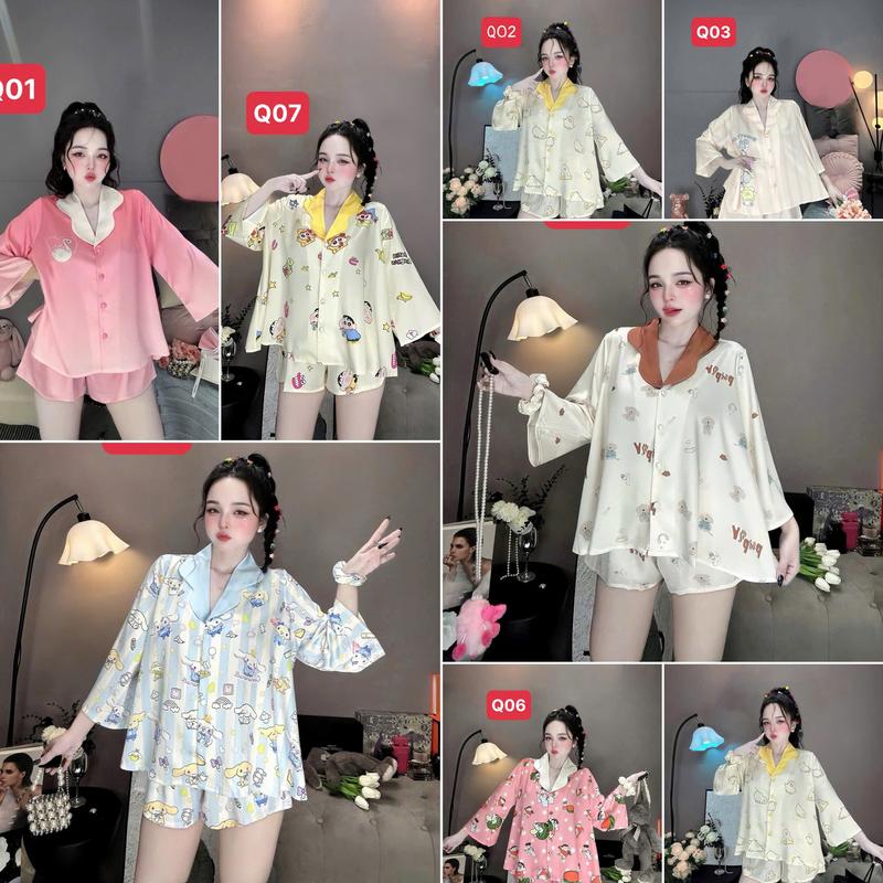 lụa latin Đồ bộ pijama đùi cánh dơi chất lụa latin trơn mềm mịn kiểu cánh dơi phom rộng