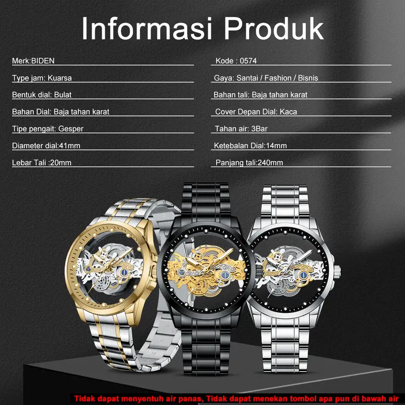 【003Harga telah diganti, cepat beli】BIDEN Jam Tangan Pria Anti Air Transparan Dial Cool Kuarsa Tali Stainless Steel Jam Tangan Cowok  YN0574 6