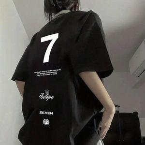 デジタル7プリント - 女性用半袖Tシャツ、丸い首、ルーズ、コットンカジュアルトップ