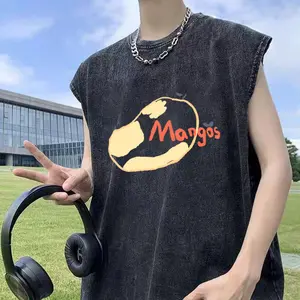 Rompi tanpa lengan berbahan katun murni hitam dengan efek usang, cocok untuk pria dan wanita, rompi olahraga, atasan longgar dan ringan dengan motif cetak untuk kebugaran.