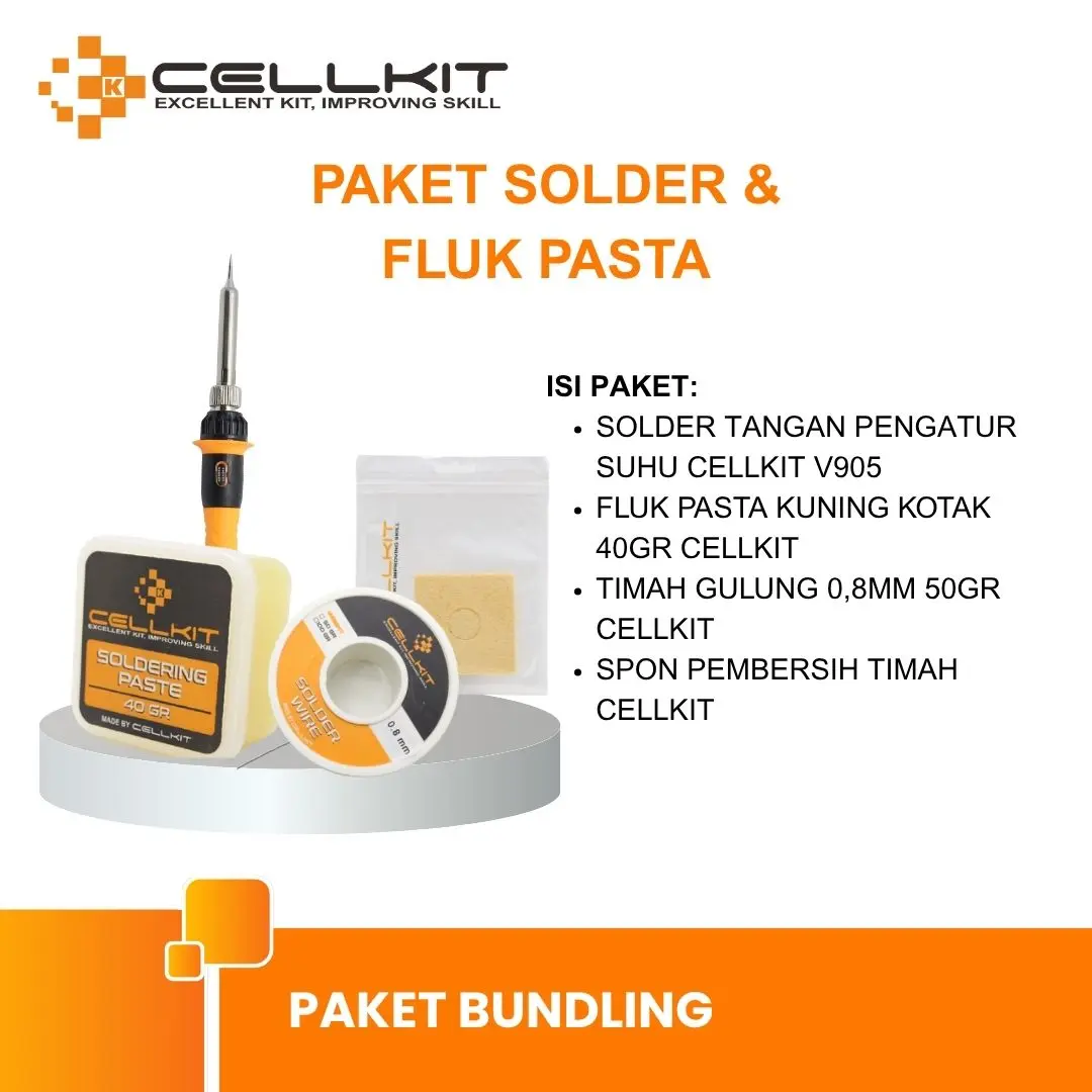 CELLKIT Paket Solder & Fluk Pasta Solder Lengkap V905 30W V906 60W V908 60W V907 80W (SOLDER V905, FLUK KOTAK, SPON, TIMAH GULUNG 0.8MM)
