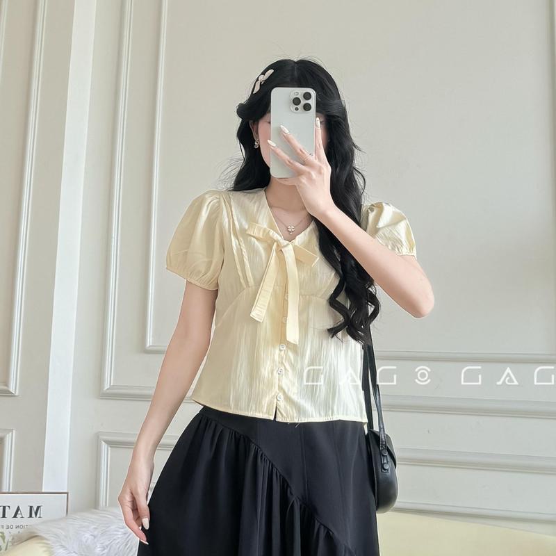 T12.1 Áo Cổ V Babydoll GAGO Brand XS đến L Form Thoải Mái Vải Gió Nhăn Mềm Mịn Mát Vàng Gà Con