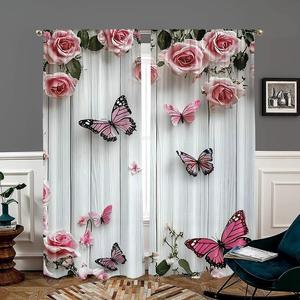 Cortinas con Patrón de Mariposa y Rosa, Set de 2 Piezas, Cortinas de Poliéster Románticas y Elegantes Semitransparentes, Cortinas Decorativas Multifuncionales y Duraderas