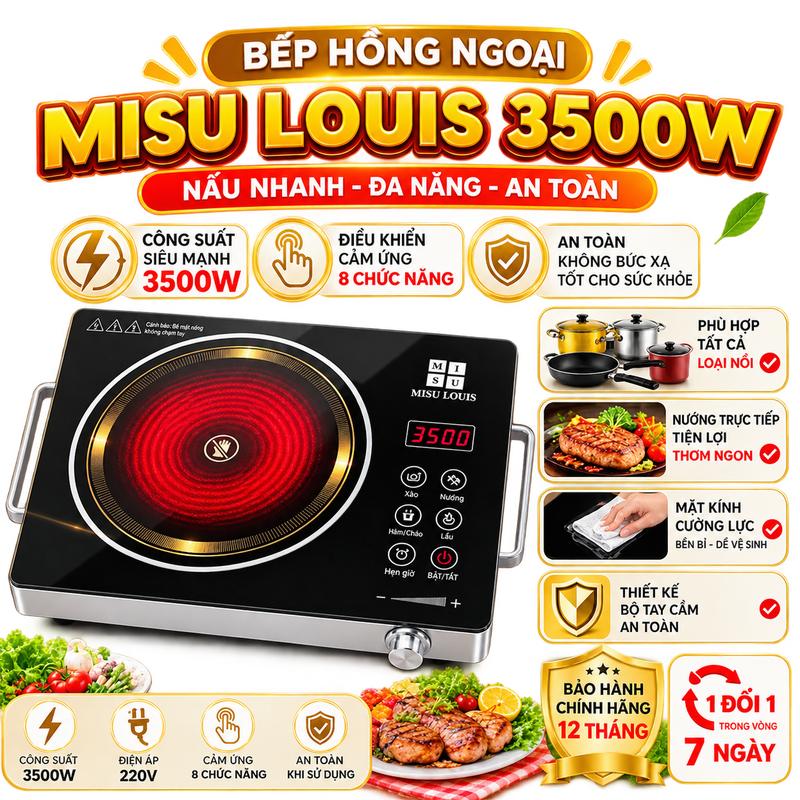 Bếp Hồng Ngoại Mizu Louis 3500W Siêu Khỏe - Mặt Kính Cường Lực Chịu Sốc Nhiệt, Khung Thép Không Gỉ, Tiết Kiệm 30% Điện
