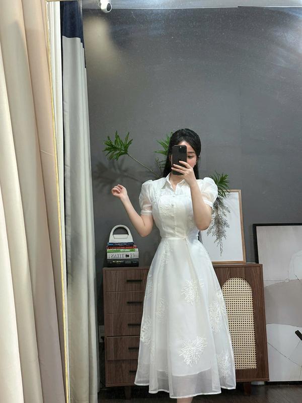 (Z55) Đầm tơ thiết kế form xoè xếp ly cổ sơ mi tay bồng tôn dáng vải tơ mềm không ngứa ba lớp tùng xoè đi làm đi tiệc đều đẹp by Thương Lê Z55