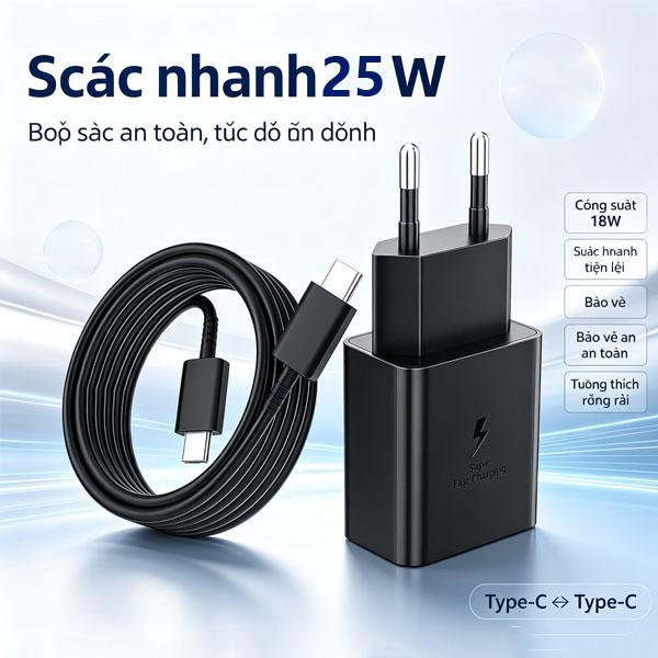 Củ Sạc Nhanh 25W USB-C Phù Hợp Với Samsung Galaxy S24/S23/S22 - Bộ Sạc PD/PPS…