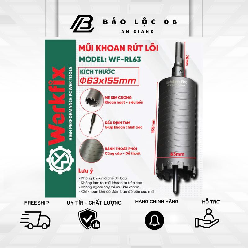  WORKFIX Mũi Khoan Rút Lõi Bê Tông 55mm - 63mm x 300mm Model WF-RL63 Chuôi Dài Thoát Phôi Tốt Chống Kẹt Mũi Hiệu Suất Cao 