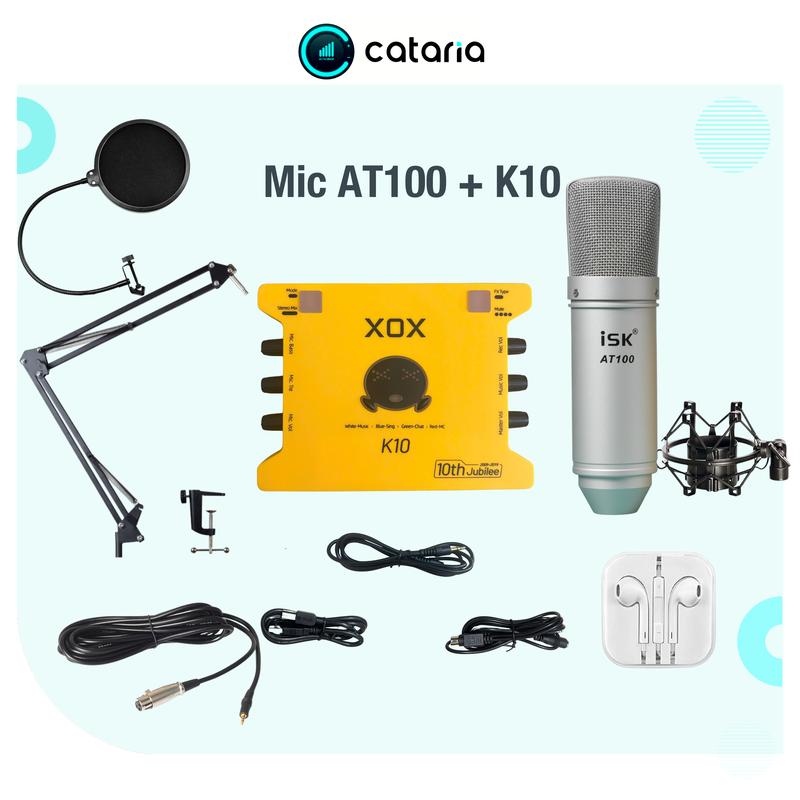  Bộ Mic Livestream THU ÂM Mic AT100 Kết Hợp  Sound Card XOX K10 Chuyên Livestream Thu Âm Tặng Tai Nghe Đèn Live Cataria 