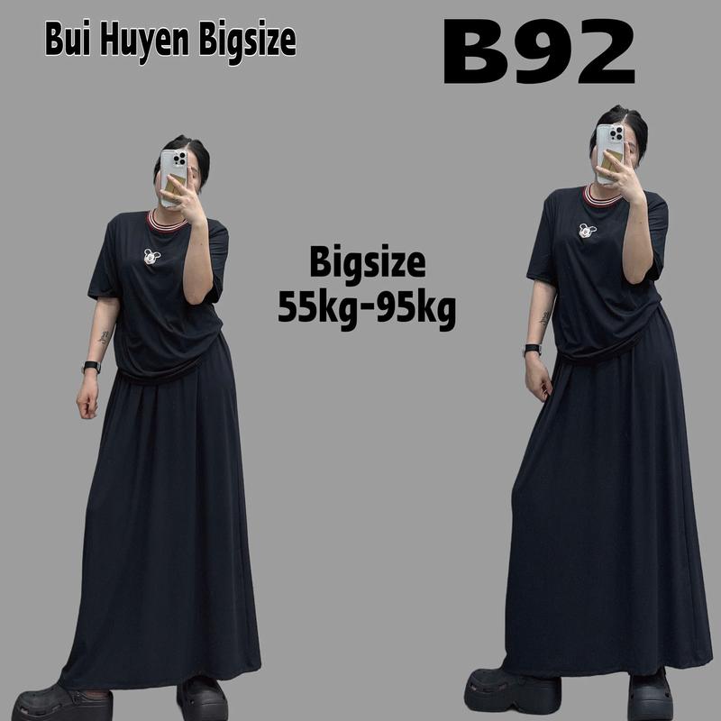 B92-Set Áo Cộc Cổ Tròn Phối Kẻ Gắn Mickey Kèm Chân Váy Dài Bigsize 55-95KG