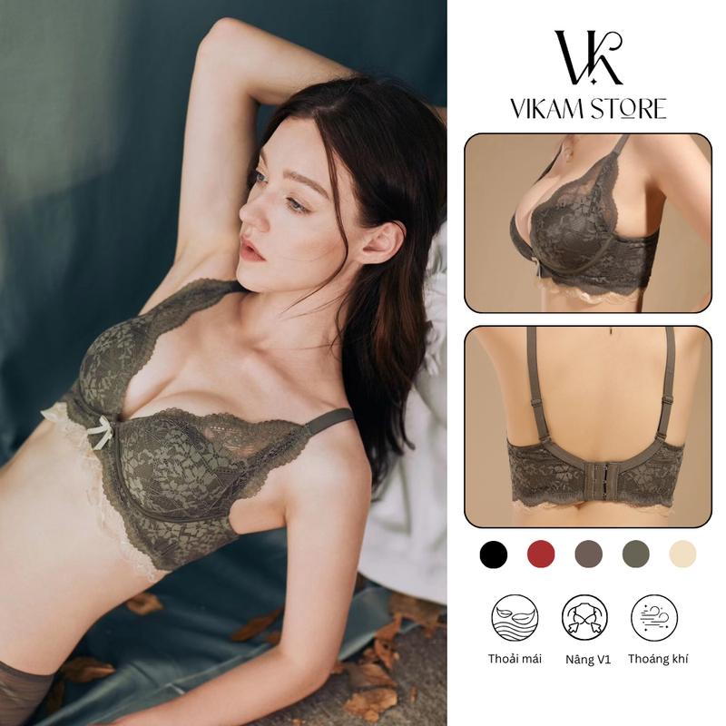  Mã B73  Áo Ngực Nữ Ren Đệm 2cm Cao Cấp Áo Lót Nữ Ren Mềm Mại Nâng Dẩy Không Gọng Vikam Size 34-38 Màu Đen Kem Đỏ Nâu Xanh 