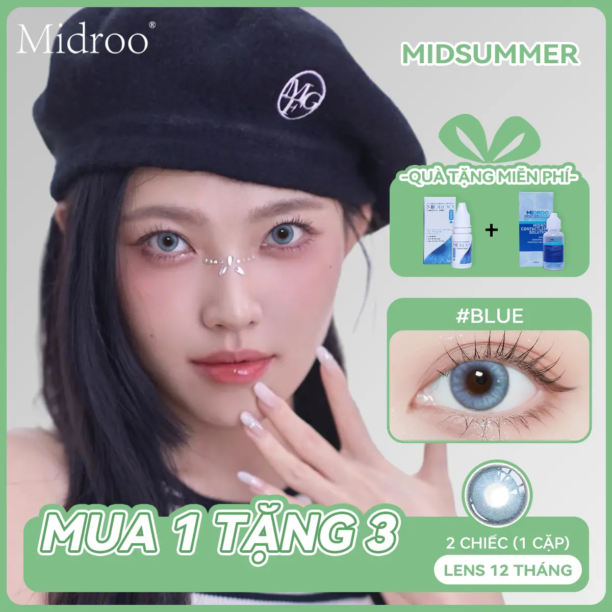【Mua 1 Tặng 3】Kính Áp Tròng Dorothy 12 Tháng Midsummer DIA 14,5mm Độ 0,0 Mua 1 Cặp Tặng Nước Ngâm Lens 60ml+ Nước Nhỏ Mắt 10ml Màu Xanh Mềm Mại Thoải Mái