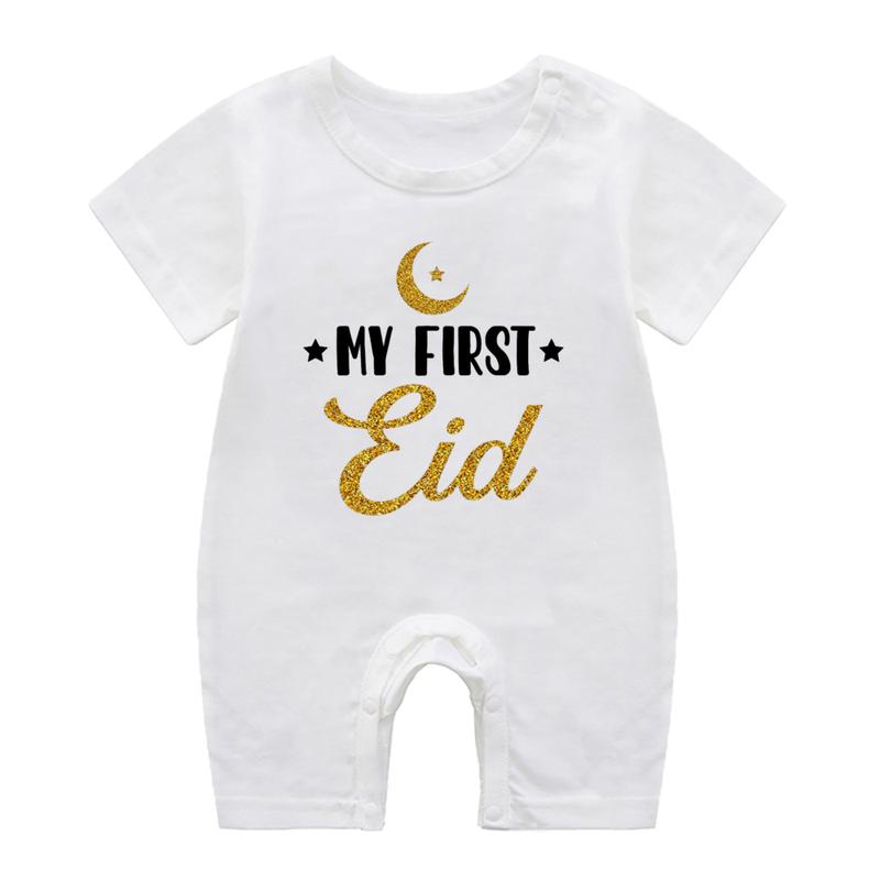 Bộ Đồ Áo Liền Quần Cotton Trắng Cho Trẻ Sơ Sinh, In Hình Vui Nhộn Eid Đầu Tiên Của Tôi, Thích Hợp Cho Trẻ Sơ Sinh Nam Và Nữ, Bộ Áo Liền Quần Ngắn Tay Ramadan 3