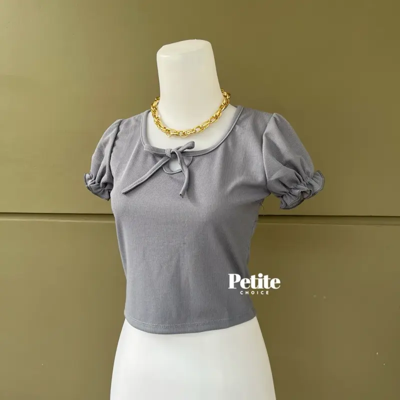 Petitechoice | KATHIE Top - Atasan Wanita Stretch Rajut Casual Puffy Shoulder Sailor Neck Leher V Knit coquette bow 0