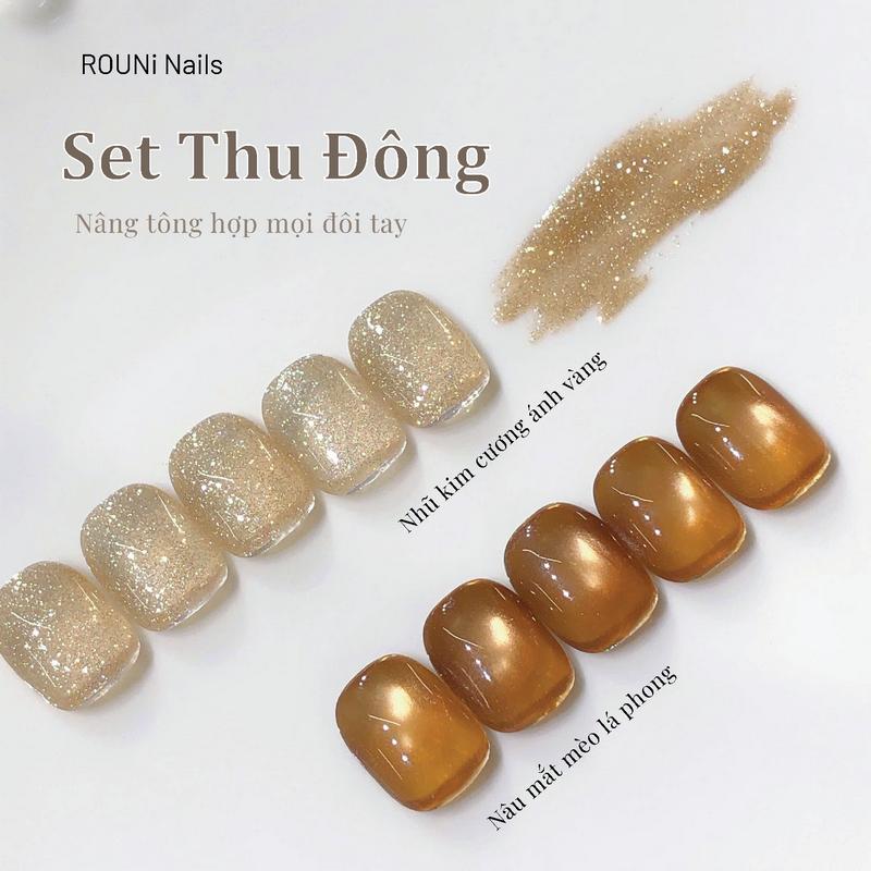 ROUni mẫu mới sơn nail tay màu nâu cà phê caramel với nhũ lấp lánh mắt mèo.