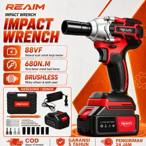 REAIM Impact Baterai Impact Wrench  Set Kunci Impact Tanpa Kabel Motor Brushless Tenaga Kuat Kepala Aluminium Tahan Lama dengan Box Plastik Cocok untuk Mobil Motor Sepeda Perakitan Furniture Bongkar Pasang Baut Garansi 5 Tahun