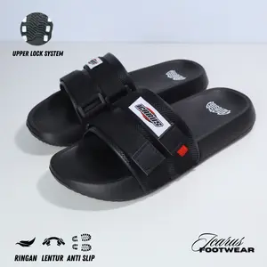 icarus sandal slop webbing pria tanpa lem sendal selop distro cowok kekinian hitam original selop kasual shoes brand lokal sandal  selop upper lock system Karet Model Kekinian Hitam
