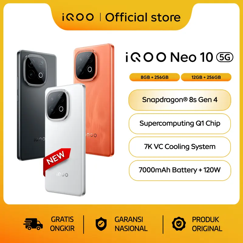 vivo iQOO Neo 10, 1st Snapdragon 8s Gen 4 + Q1 (Dual Chipset), 7K VC Cooling System, 7000 mAH + 120 watt, 144Hz AMOLED, 50MP Sony IMX OIS + 8MP wide Angle