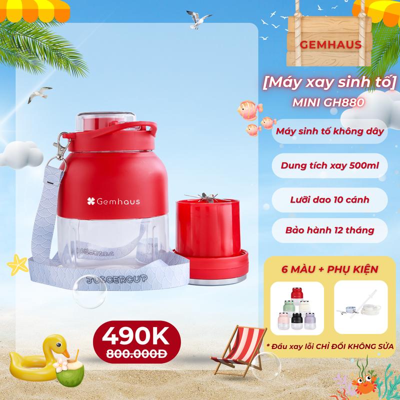 [2025 Edition] Máy xay sinh tố dùng pin sạc mini Gemhaus GH880 500ml,  dung tích đựng nước 800ml, nhỏ gọn, tiện lợi, có kèm dây đeo cổ và nắp đậy, bảo hành 12 tháng, đầu xay lỗi chỉ đổi không sửa.