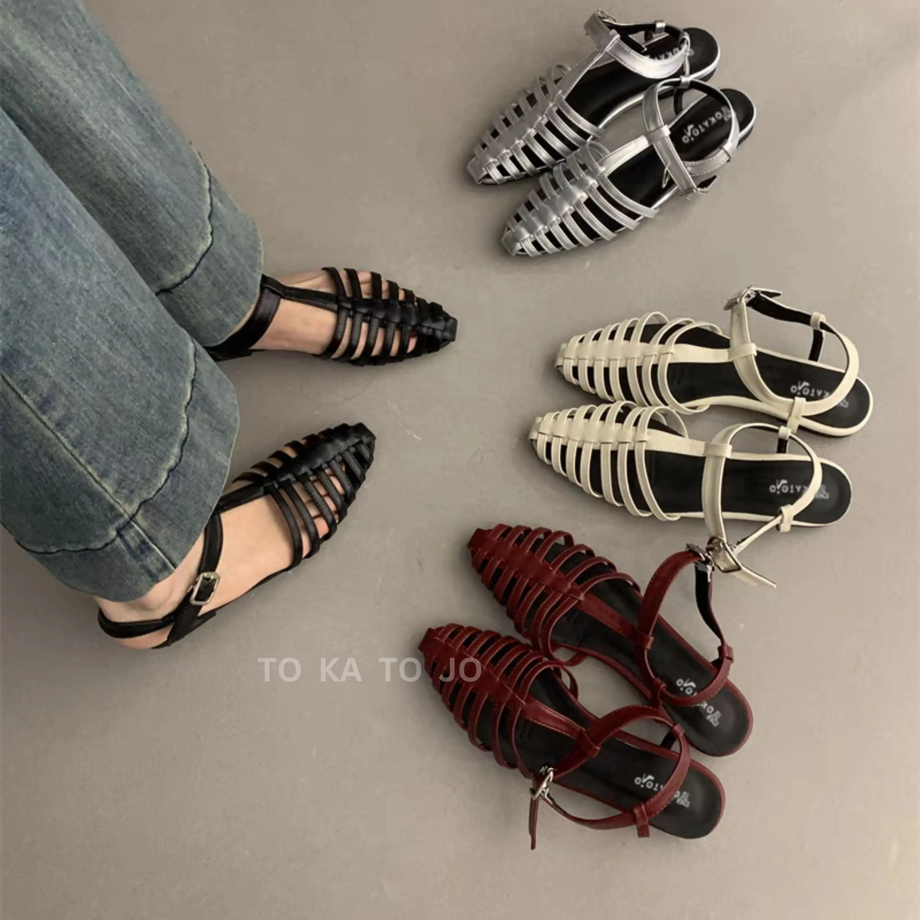 KAIRU Sandal Wanita Tali Keronjo Ujung lancip heels 2 cm