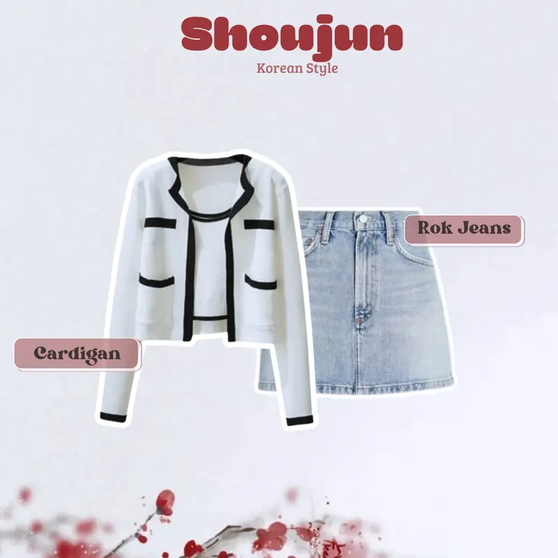Setelan Shoujun Outfit { Cardigan Tanktop Putih + Rok Jeans Pendek } One Set Korean Style 1