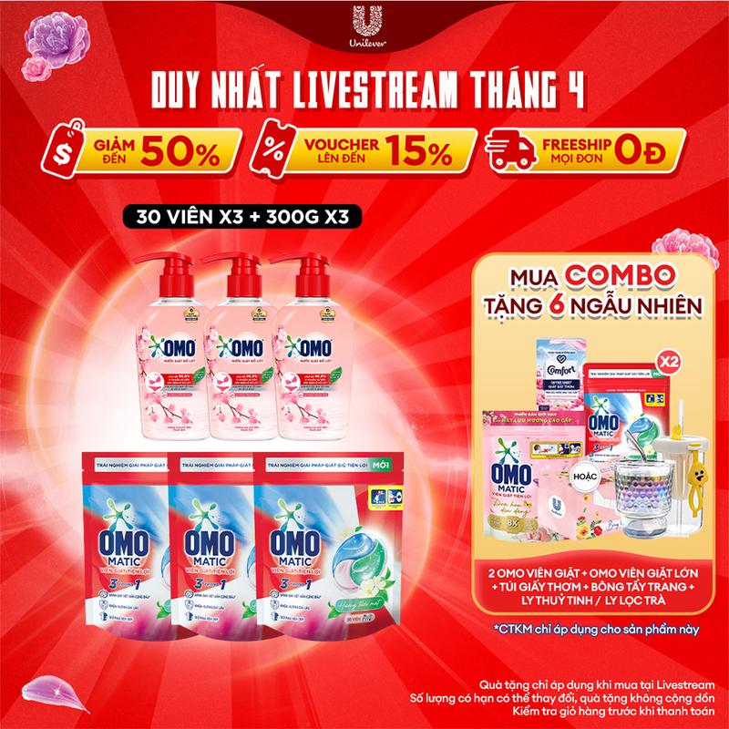 Combo 3 Túi viên giặt tiện lợi OMO 3 trong 1 Hương Tươi mát (30 viên/túi) và Combo 3 Nước Giặt Đồ Lót OMO Hương Hoa Anh Đào Thanh Lịch 300G [1]