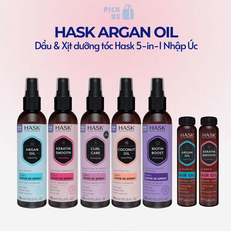 Dầu dưỡng tóc Hask 18,59ml | Xịt dưỡng tóc Hask 175ml 5-in-1 | Argan Oil Keratin Oil Biotin Boost | Bản Úc và Mỹ