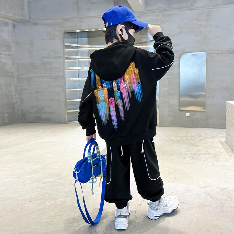 Bộ Nỉ Hoodie Bé Trai In Hình Ngôi Sao Cá Tính – Đồ Thu Đông Thời Trang Trẻ Em, Chất Nỉ Bông Ấm Áp, Size 120–180