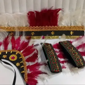 SATU SET MAHKOTA BULU MERAH PUTIH ADAT DAYAK PREMIUM (MAHKOTA,KALUNG & GELANG TANGAN) Hiasan