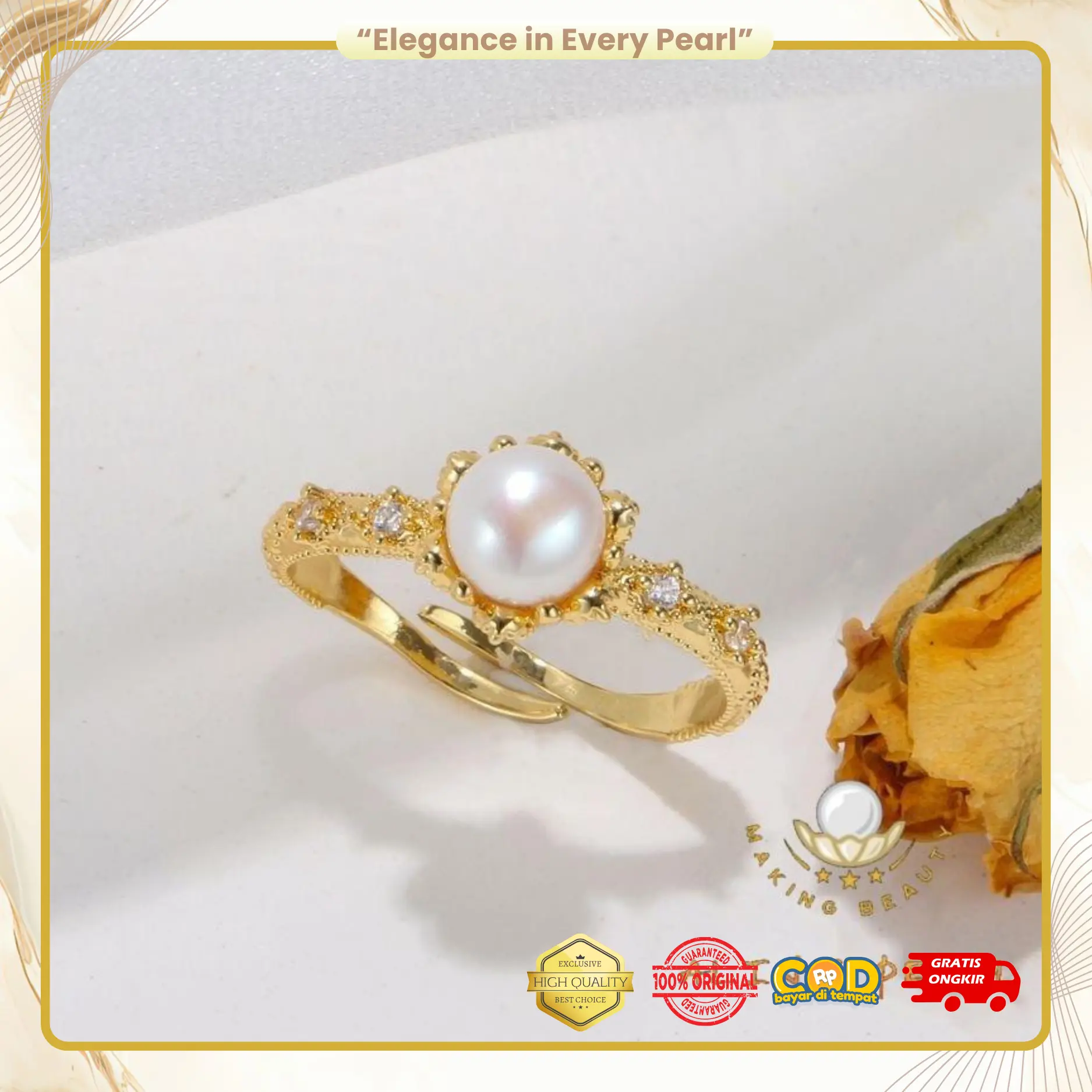 C031 Cincin Mutiara Asli Air Tawar  Mewah dan Elegant
