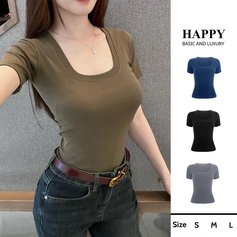DEAL MỞ BÁN Áo Thun Trơn Nữ Cotton Mềm Mịn Co Dãn 4 Chiều Dáng Ôm Babytee HAPPY CỔ U VUÔNG women top màu đen