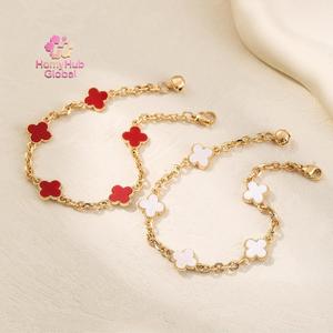 Gelang Semanggi Empat Daun, Popular Korea, Reka Bentuk Unik, Mampu Milik, Mewah, Hiasan Tangan mewah, Reka Bentuk Kelopak Mudah, Didatangkan dengan Kotak Hadiah assessor ies Bangles Bracelets Jewelry bracelet  stack