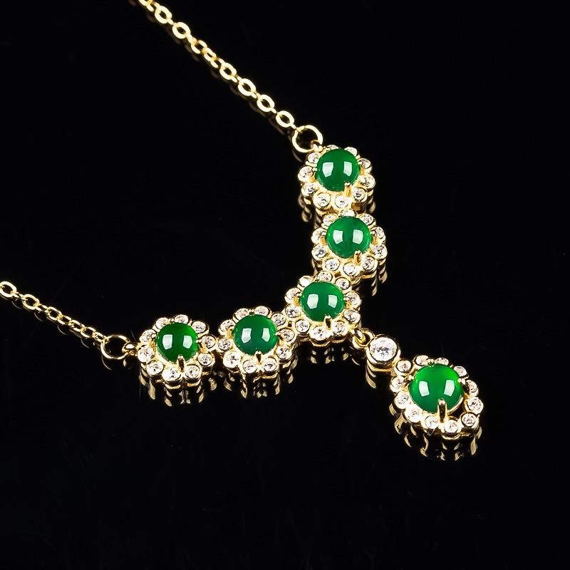 Natural Jade Grade A Water Moisturizing Spicy Green Egg Noodles Set with 925 Silver Necklace and 18k Gold 4