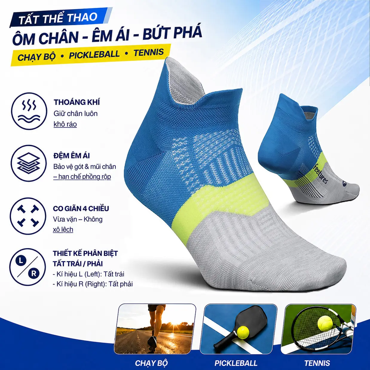 Tất nam nữ Feetures Chạy bộ, Pick, Tennis. Vớ thể thao cổ phễu cổ ngắn chất liệu 83% cotton hàng dệt kim cao cấp, 3 size M L XL Sport Tennis Pickleball