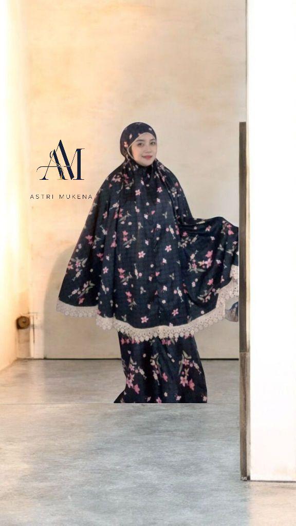 ASTRI MUKENA Mukena Traveling 2in1 Resleting Dagu Katun Premium Motif Printing Lembut Mewah dengan Tas Pouch Serut dan Renda Zipper