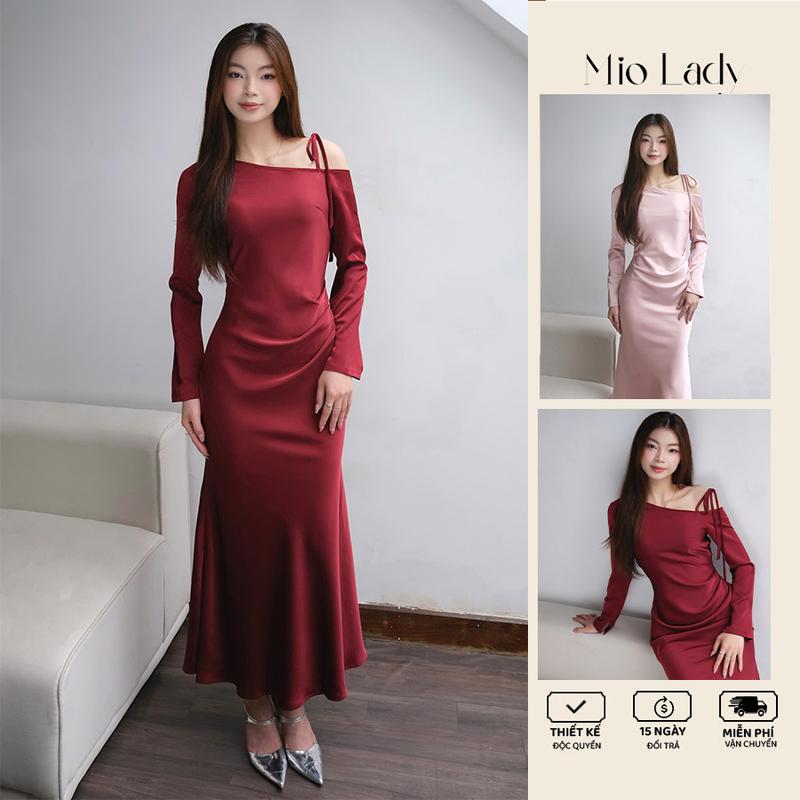  Váy Lụa Lệch Vai Dài Tay Dáng Đuôi Cá – Lụa Hàng Châu Hai Mặt Có Khoá Sườn MioLady 