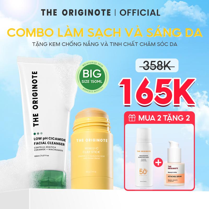 [Độc quyền livestream] Combo Thanh lăn mặt nạ đất sét Hyalu-C và Sữa rửa mặt 150ml The Originote tặng kèm xịt chống nắng và serum hỗ trợ làm sạch và sáng da