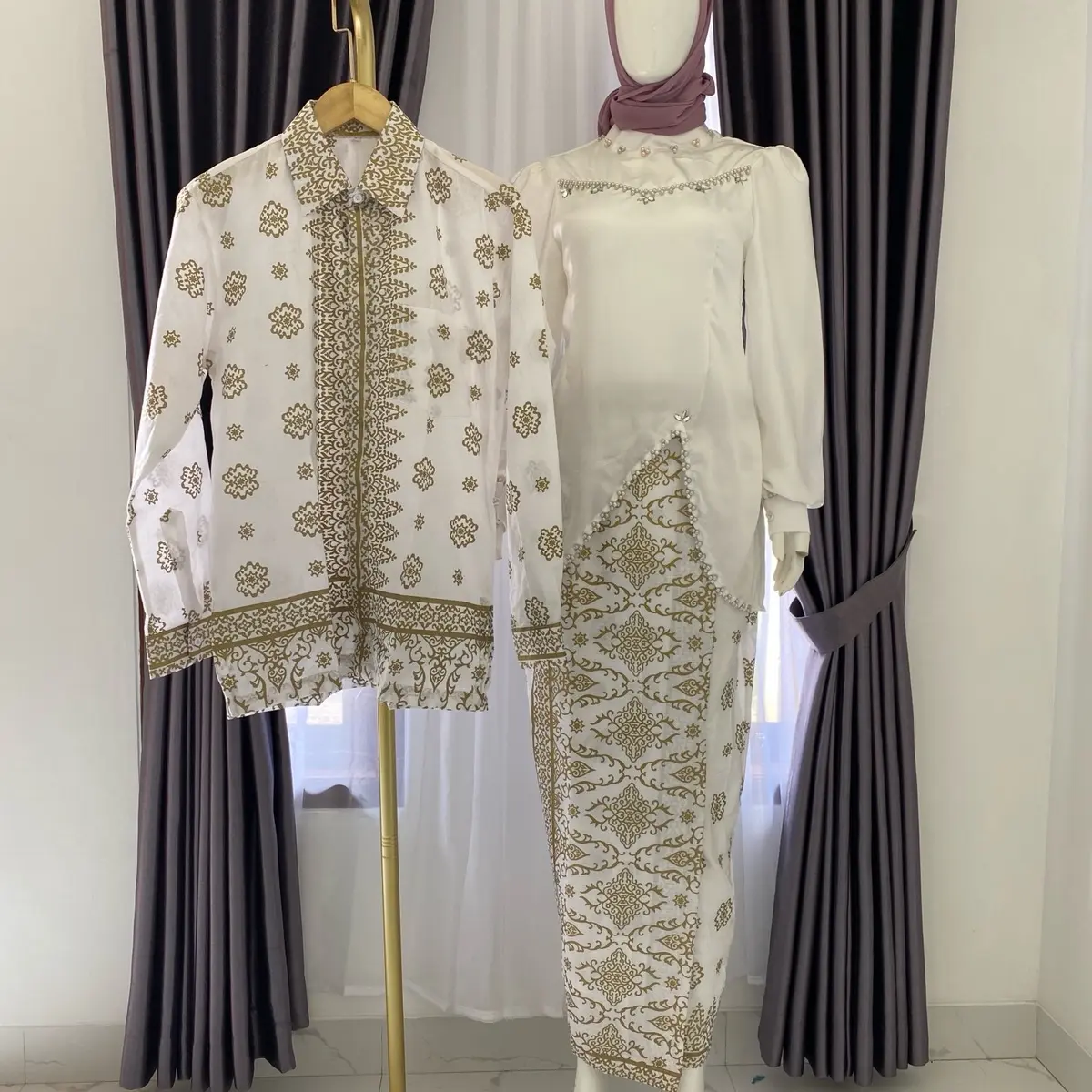 (Batik_sahati) MARYAM BAJU COUPLE KURUNG MELAYU SONGKET Warna Putih baju lamaran baju tunangan baju kondangan