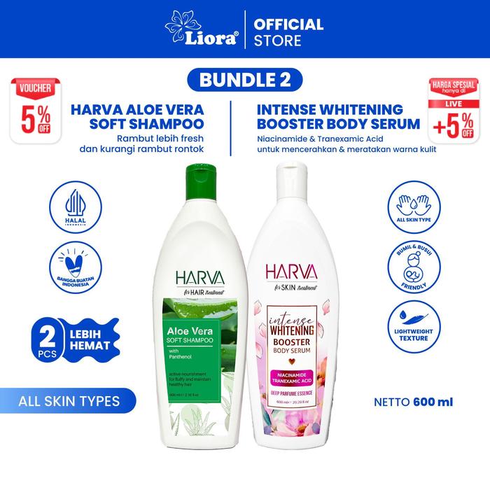 Gambar [Paket hemat 2 Pcs] HARVA Soft Shampoo Aloe Vera - 600 ML + HARVA Intense Whitening Booster Body Serum 600ML  shampo lidah buaya untuk bantu merawat rambut dan body serum mencerahkan seluruh badan dari liora beauty_NEW Kab. Sidoarjo Tokopedia
