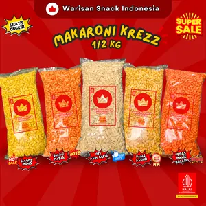 (1/2Ball)--MAKARONI BANTAT WARISAN SNACK INDONESIA (500g), makanan Ringan Krupuk Cemilan Murah halal pedas daun jeruk Food Keripik makroni kress renyah Kripik