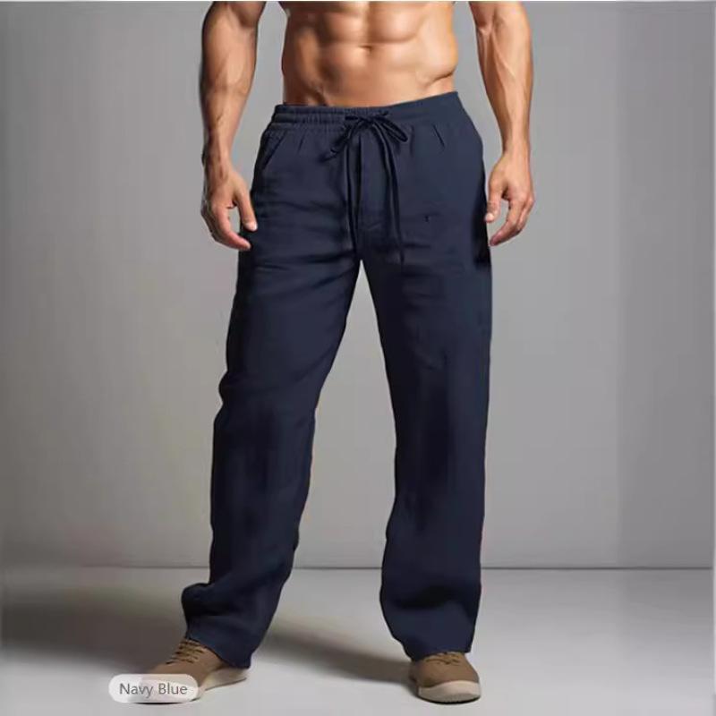 Product Introduction of Men's summer pants, men's thin trousers, solid color drawstring casual loose cotton and linen pants, delicate simple straight pants 2