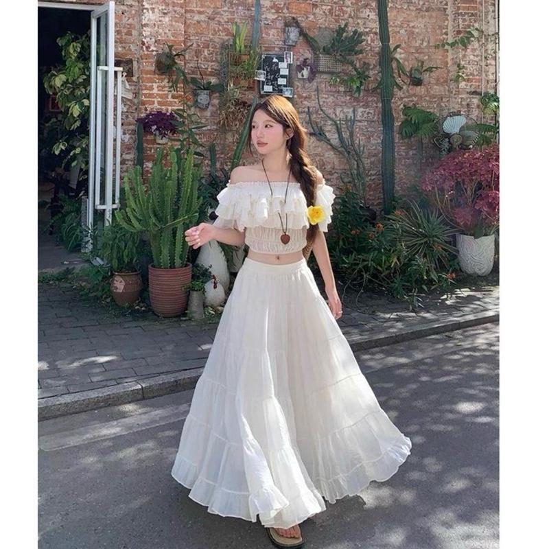 Set áo croptop trễ vai bèo phối chân váy dài xoè Set đồ nữ dễ thương mặc đi chơi đi biển sang chảnh(106)