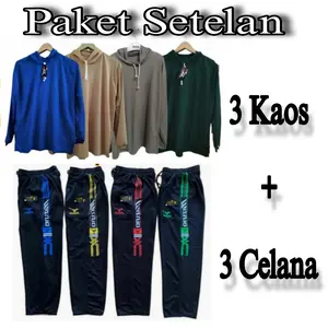 Paket Setelan 3 Kaos Lengan Panjang + 3 Celana Training Kaos Basahan Polos  Kaos Ngarit Kaos Sawah Kaos Mancing Kaos Proyek