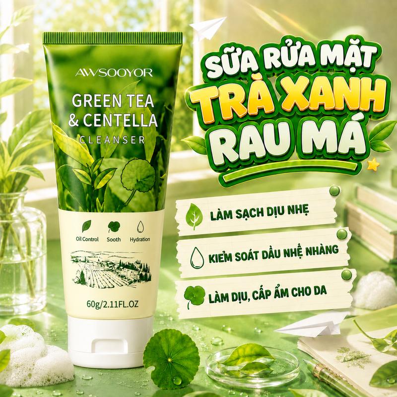 Sữa rửa mặt trà xanh rau má 60g làm sạch da mà không khô căng, kiểm soát dầu nhẹ nhàng, da dễ chịu không bị căng tức, phù hợp da thường đến da khô, thích hợp cho cả nam & nữ