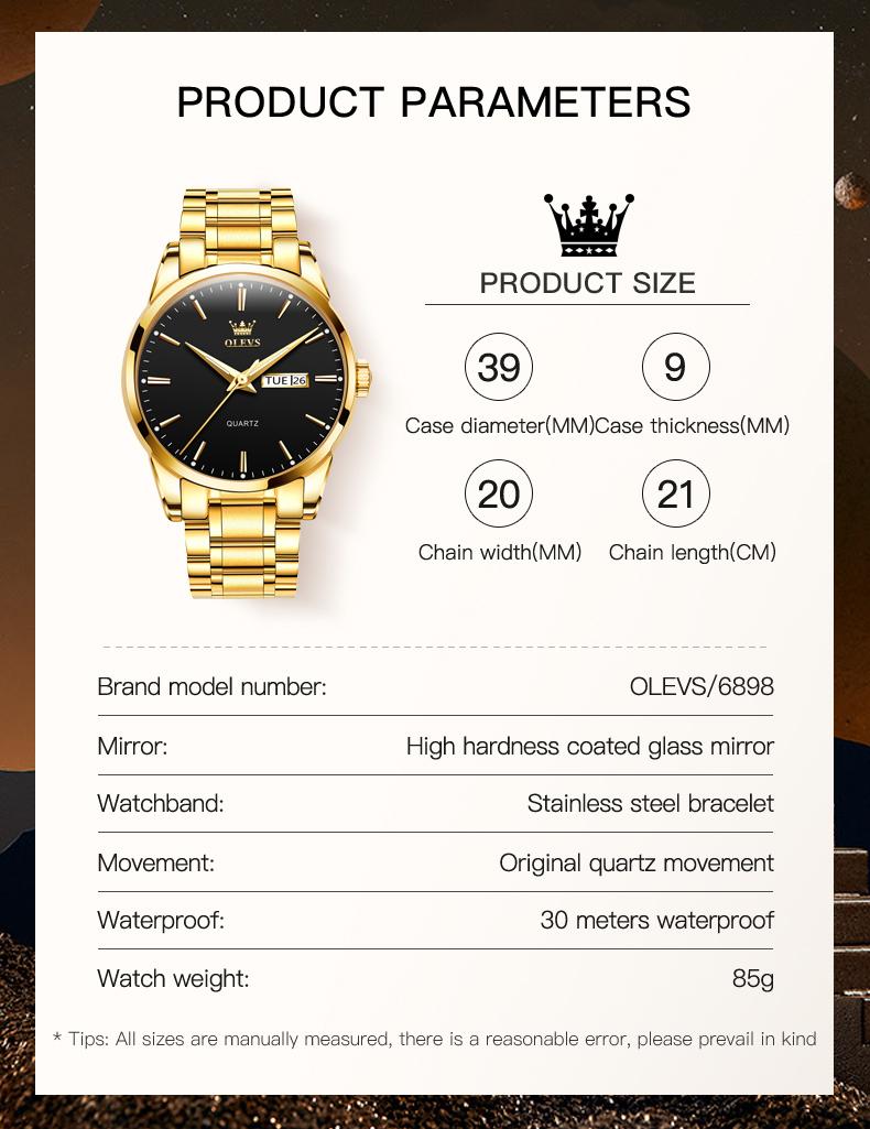 Product Introduction of 【1-year warranty】OLEVS Đồng hồ nam chính hãng thạch anh  dây thép không gỉ dạ quang chống nước 6898G Watch Đeo Tay 5