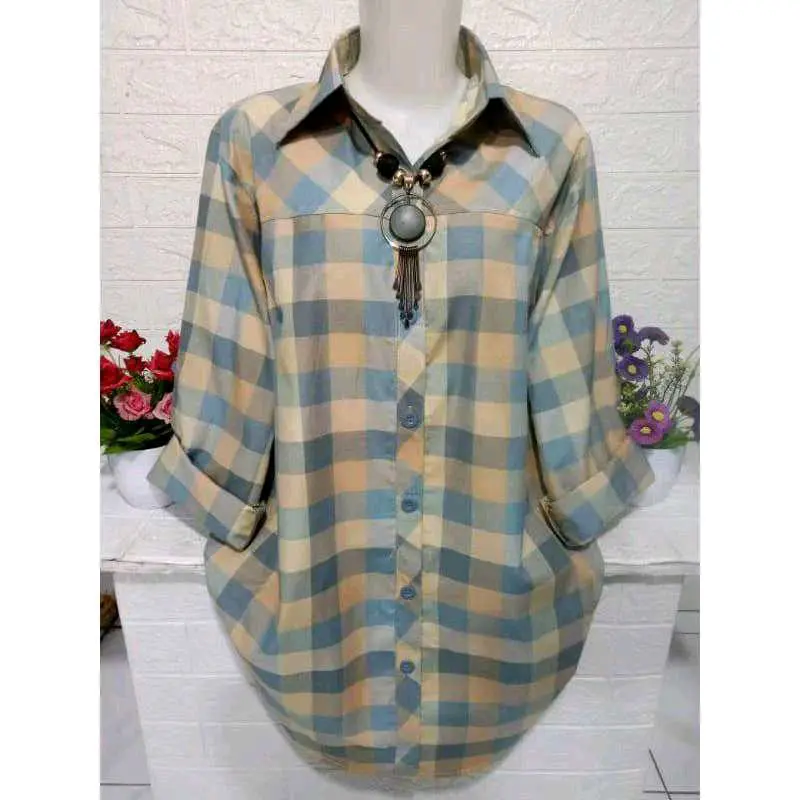 Al dharren tunik jumbo ld 120 muat BB 85 kg blouse kemeja salur garus blus office wanita Baju Atasan Panjang Oversize Motif garis 6
