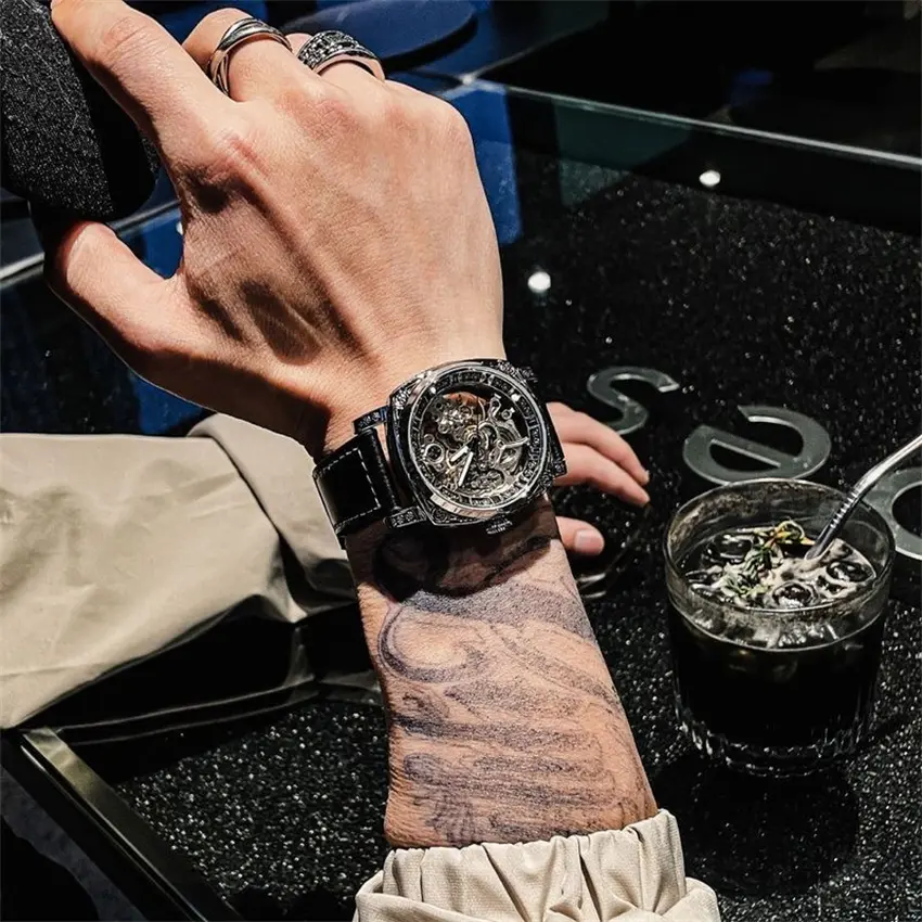 Đồng Hồ Vuông Cơ, Chính Hãng, Dành Cho Nam Giới, Thiết Kế Rỗng Hai Mặt, Phong Cách Tourbillon, Dạ Quang, Khắc Dạ Quang, Hợp Xu hướng, Đồng Hồ Thời Trang Nam
