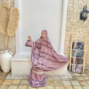 ELSHANUM Mukena Santorini Motif Dengan Renda Mewah 2in1 Dewasa Jumbo Atasan Bawahan Cantik Nyaman Lembut Panjang