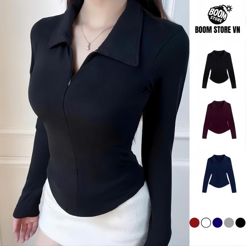 DEAL 59K - Áo Thun Nữ Cổ Bẻ Dài Tay Phối Khóa Kéo Dáng Ôm Vạt Bầu Chất Thun Tăm Hàn Mịn – BY BOOM STORE VN