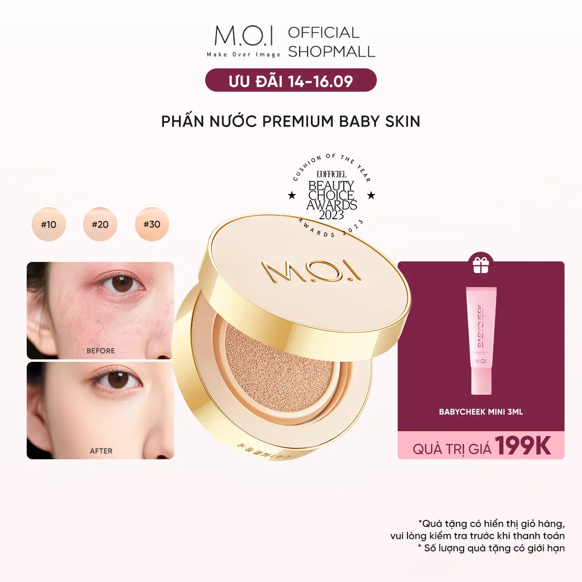 Phấn nước Kiềm Dầu Che Khuyết Điểm SPF 50+ PA+++ MOI Premium Baby Skin Cushion 12g